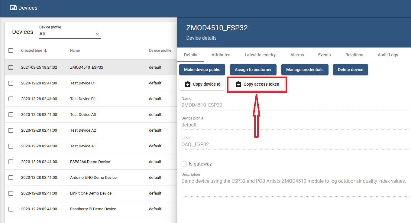 copy access token esp32 air quality monitor thingsboard